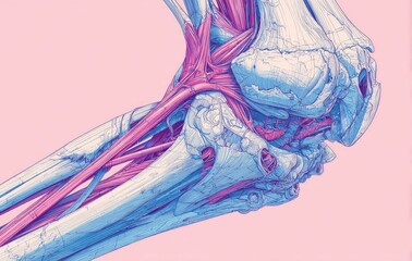 Detailed anatomical illustration of a joint, showcasing bone and muscle structures in pastel blue and pink hues against a solid background