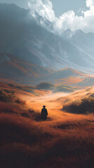 Sunset walk through golden grasslands with distant mountains and dramatic skies