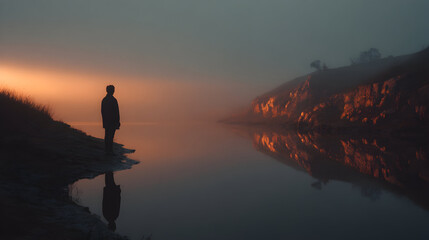Mysterious figure stands by a calm river at dawn as fog envelops the landscape and sunlight breaks through the mist