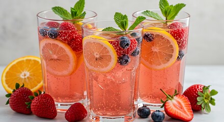 Vibrant pink bubbly beverages with fresh fruit and mint, perfect for a summer refresh.

