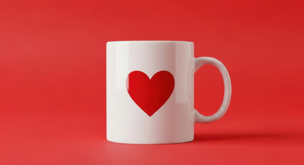 White Coffee Mug with Red Heart Print on Bright Red Background for Valentine Gift Love Theme or Romantic Campaigns