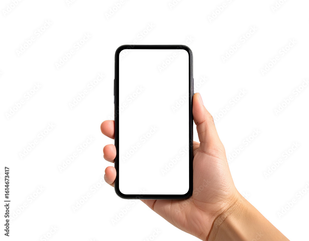 Poster hand holding cellphone with empty transparent screen for overlay mockup, ideal for design showcase a