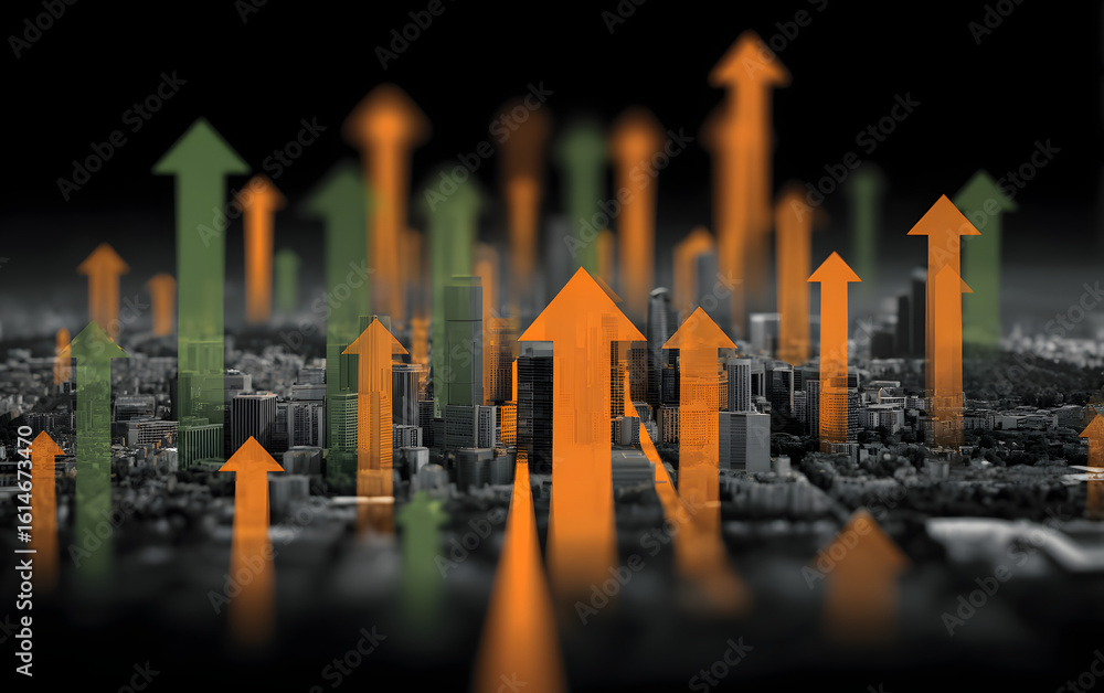 Poster a computer generated image of a city with many green and orange arrows pointing upwards. concept of 
