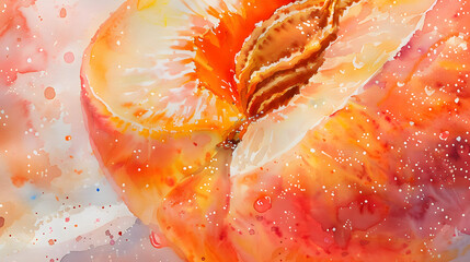 close-up watercolor painting of a ripe peach