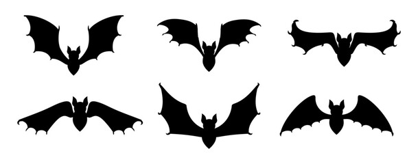 Fototapeta premium Bats with spread wings. Black silhouettes on white background. Creepy flittermouse. Night animal. Halloween mystery vampire. Dracula bloodsucker. Rearmouse fly. Gothic elements vector set