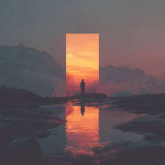 Surreal landscape showcasing a figure standing before a portal against a vibrant sunset over mountains