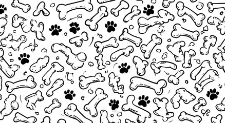Fototapeta premium Black and white pattern of bones and paw prints