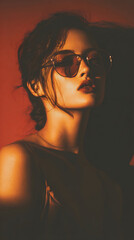 Stunning portrait of a young woman wearing sunglasses against a warm red backdrop with dramatic lighting and shadows