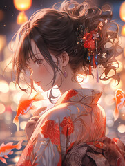 Anime girl in yukata with red goldfish at night festival, sparkling lights
浴衣美少女と赤い金魚、夜祭りのきらめきの中で
