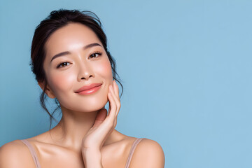 Woman smiles gently while resting her hand on her cheek against a light blue background in a studio setting