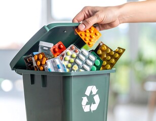 Hand discarding medicine packaging into a green recycling bin