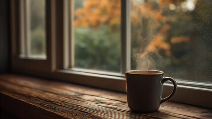 A cozy, minimalist scene of a steaming ceramic mug of spiced tea, resting on a wooden windowsill with a rainy, out-of-focus autumn view outside.
