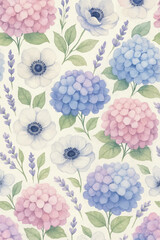 Hydrangea Watercolor Floral Pattern, Pink and Blue Pastel Flowers with Garden Theme