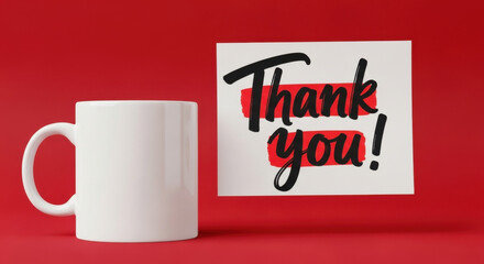 Red and White Thank You Card with Coffee Mug on Red Background for Gratitude Message Blog Social Media or Business Note