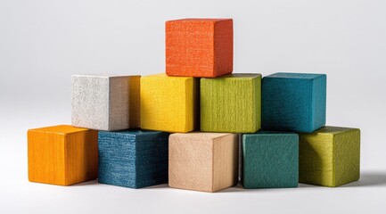 Colorful wooden blocks arranged in a pyramid shape against a white background