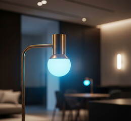 A modern hotel bedroom at night features a luxurious wall lamp illuminating the elegant interior design