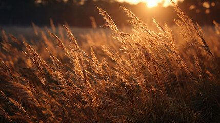 A beautiful, abstract landscape of a field of tall, dry grass, with the low, golden light of a late summer sunset creating magical, long shadows.