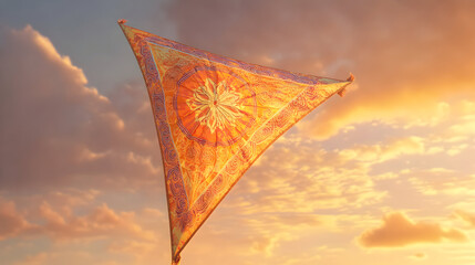 Colorful triangular fabric kite at sunset