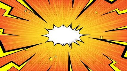 Comic book-style background with yellow and orange rays, yellow lightning bolts and comic bubbles in center of explosion. Creating energetic for vibrant cartoon or animated video game advertisement.