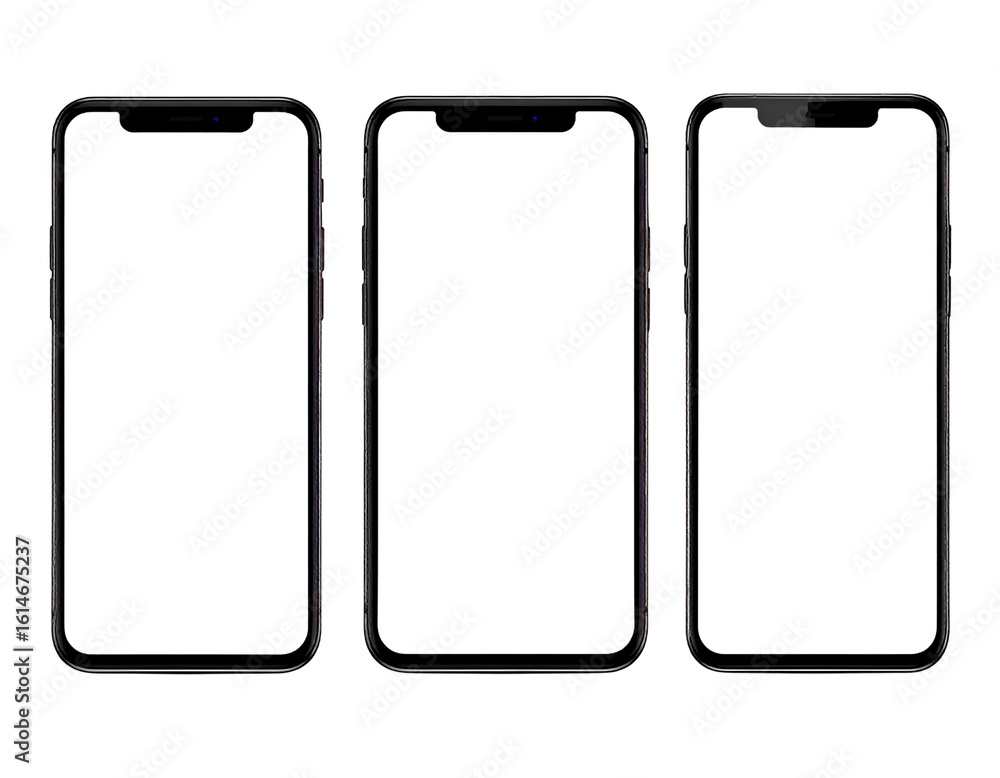 Poster set of modern smartphones with empty display screens in front view, isolated realistic device mockup