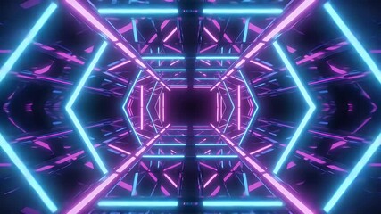 A neon-lit tunnel with vibrant cyan and magenta lights, creating a futuristic geometric composition. The perspective leads into darkness - Powered by Adobe