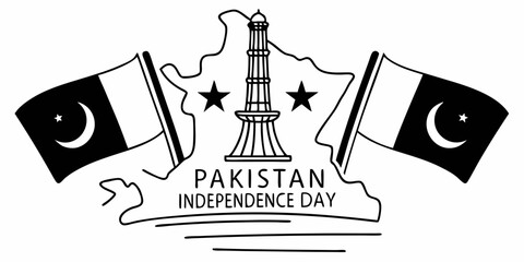 Pakistan independence day illustration with minar e pakistan and flags in black and white outline