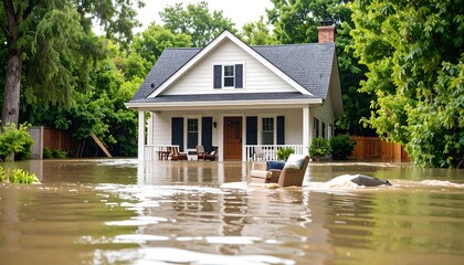 Obraz premium A white house is almost entirely submerged in murky floodwaters, with furniture floating near the porch