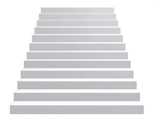 A stairway of many steps ascending, viewed from the front.  A plain, light gray, simple stairwell against a white backdrop