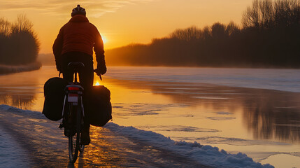 Cyclist on bicycle at sunrise over frozen river