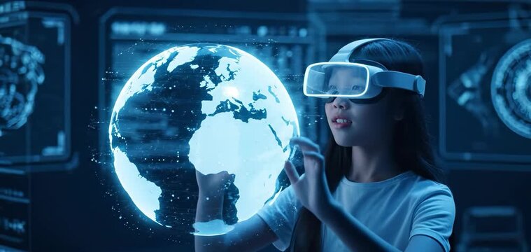 A kid girl learns online using futuristic technology. The concept of the integration of advanced digital tools in education, and learning experiences for the future generation. Generative AI. - Powered by Adobe