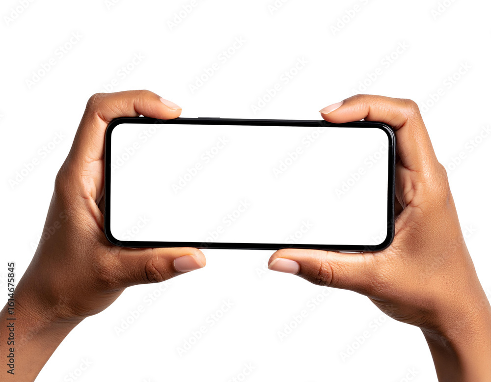 Poster touching blank screen smartphone in horizontal orientation, isolated hands with mobile device on alp