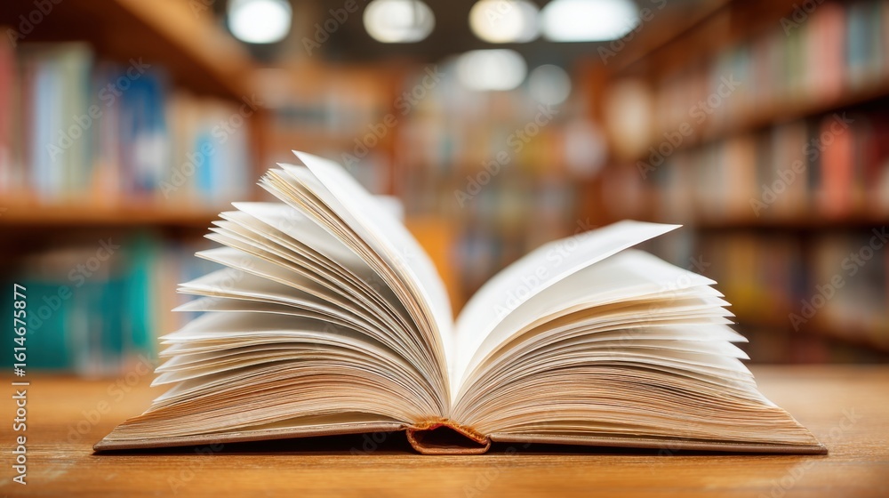 Aufkleber an open book lies on a wooden table in a tranquil library. in the background, shelves filled with va