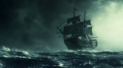 Dark ship in stormy sea