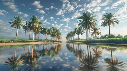 Obraz premium The reflection of date palm trees in a calm mirror-like pond