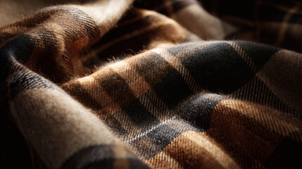 An extreme close-up of a classic, plaid patterned wool scarf in warm autumn colors, showing the texture of the woven fabric.