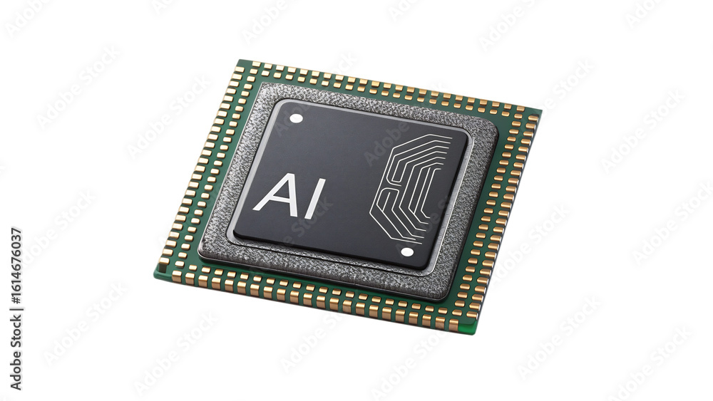 Poster a sleek ai microchip, isolated on transparent background, symbolizing the future of artificial intel