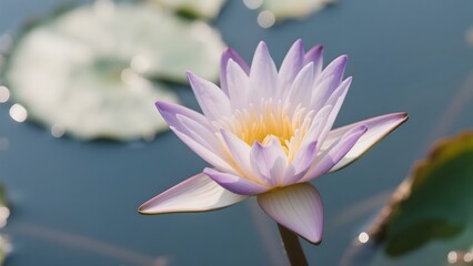 A delicate purple water lily blooms gracefully on a serene pond surface.