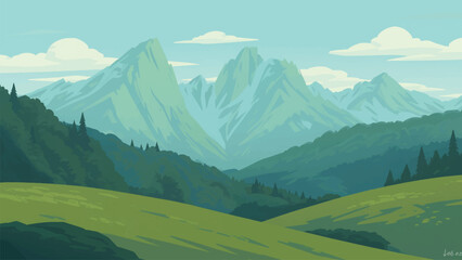 Obraz premium Majestic mountain landscape illustration of green hills and blue sky clouds