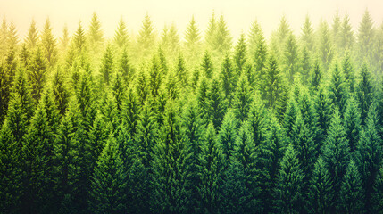 Dense evergreen forest canopy sunrise view