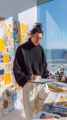 A calm man stands in a bright workspace with soft light and relaxed posture, perfect for creative, freelance, or minimalist lifestyle content.