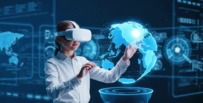 A kid girl learns online using futuristic technology. The concept of the integration of advanced digital tools in education, and learning experiences for the future generation. Generative AI.
