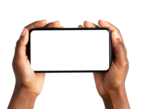  Woman's hands holding smartphone in landscape mode with blank white screen, isolated on transparent background for UI design.
