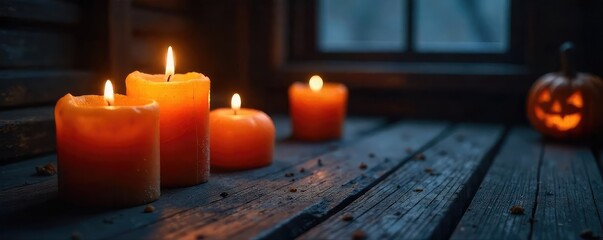 Spooky Halloween candles, flickering in the dark, casting eerie shadows on a cobweb-draped surface Perfect for autumn, fall, Halloween decorations, and spooky ambiance , witchcraft, spooky, scent