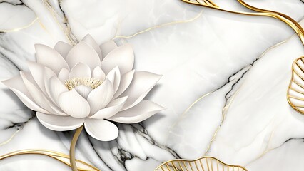 Luxury White Lotus on Marble Stone Background with Golden Leaf Accents for Elegant Interior Design