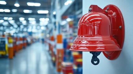 Red bell on wall in store. Blurred background of interior