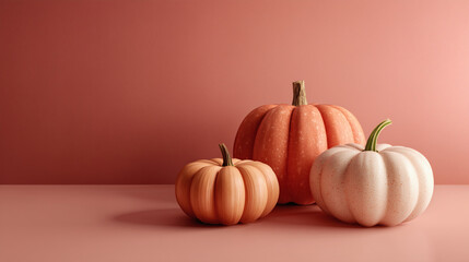 A clean, modern still life of three small, colorful pumpkins and gourds in muted, aesthetic tones (like sage green, white, and pale orange) on a simple background.
