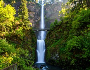 Majestic waterfall cascading down cliffs, lush greenery
