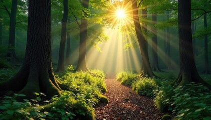 Sun-dappled path winds through ancient forest, sunlight filtering through leaves, creating dappled light on the mossy forest floor Tranquil, serene wilderness scene , canopy, deep woods, trail