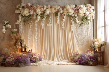Elegant floral backdrop with sheer drapes, lanterns, and dried flowers