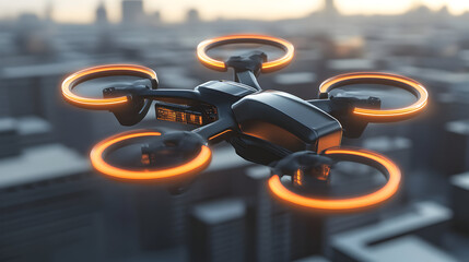 Drone flying above cityscape at dawn